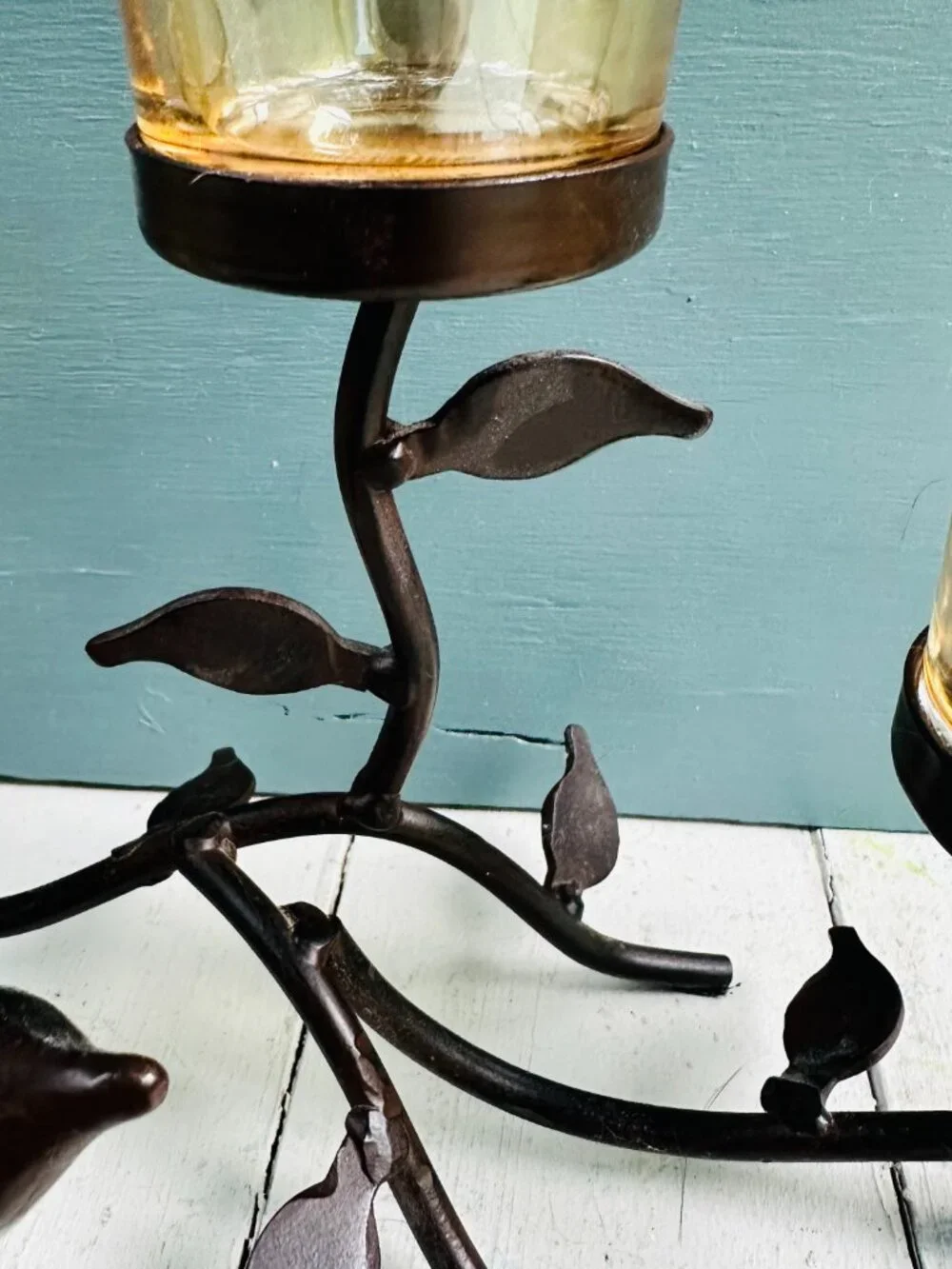 Vintage Pier 1 Metal Bird Candle Holder Triple Votive Centerpiece Wrought Iron